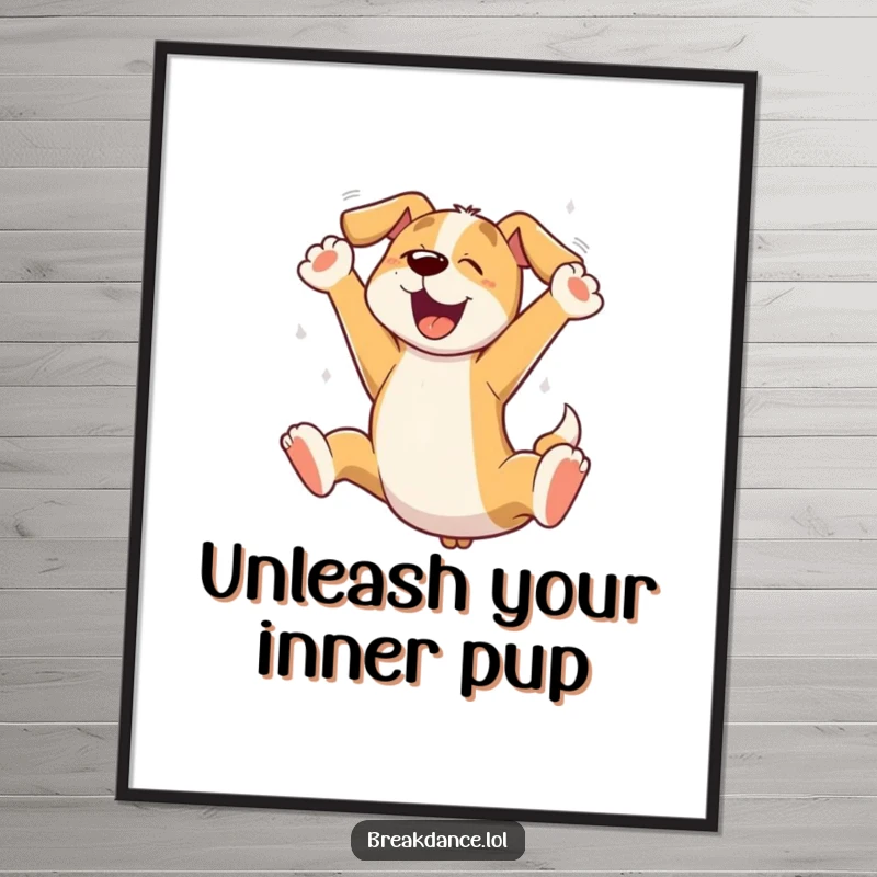 Funny Free Printable Wall Art: A dynamic cartoon dog captured mid-jump, paws splayed, radiating pure, unadulterated joy and playfulness.