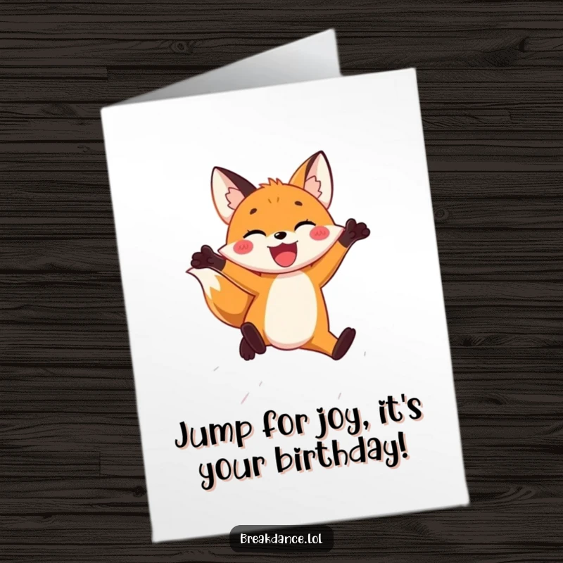 Funny Free Printable Birthday Card: A joyful fox captured mid-leap, radiating happiness for a birthday.