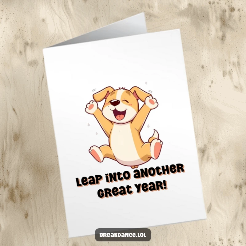 Funny Free Printable Birthday Card: A joyous cartoon dog mid-leap, celebrating with boundless energy and silly paws.