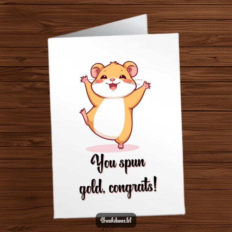 Funny Free Printable Congratulations Card: Happy hamster performing a dynamic cartwheel to celebrate your success.