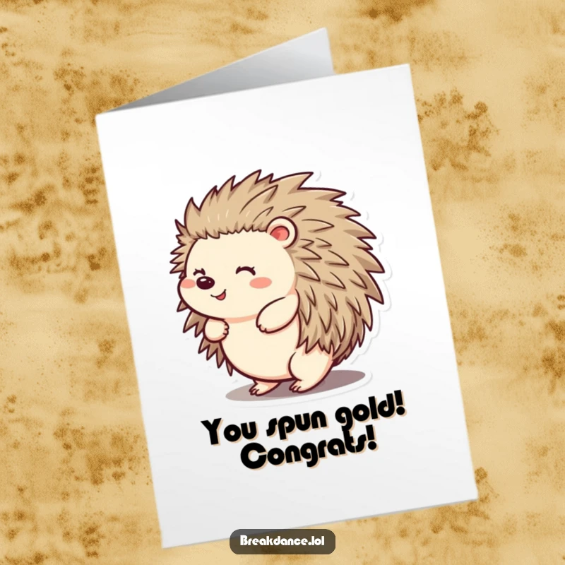 Free Printable Congratulations Card: A cheerful hedgehog in a funny spin, perfect for celebrating wins.