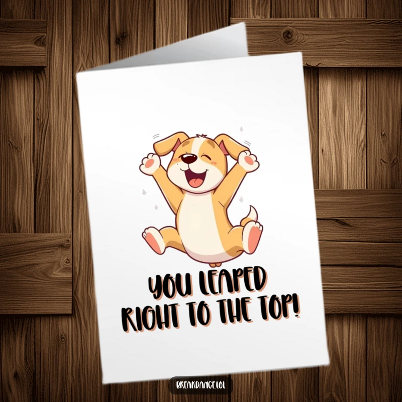 Funny Free Printable Congratulations Card: An ecstatic cartoon dog performing an airborne leap, paws outstretched in pure celebration.
