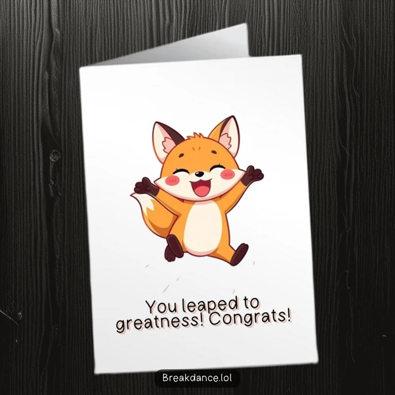 Free Printable Congratulations Card: A joyful fox leaping high in the air to celebrate success.