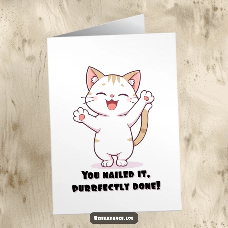 Funny Free Printable Congratulations Card: Happy cat doing a freeze pose on one paw, tail high, a hilarious downloadable gift.