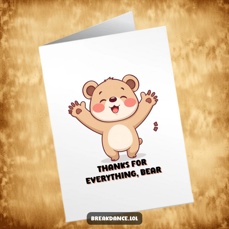 Funny Free Printable Thank You Card: A bear cub mid-windmill, its giggling face conveying heartfelt thanks with playful energy.