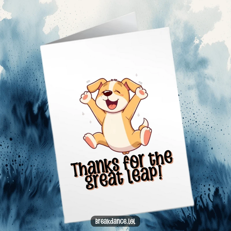 Funny Free Printable Thank You Card: A cartoon dog caught mid-air, paws flying, in a hilarious expression of gratitude.