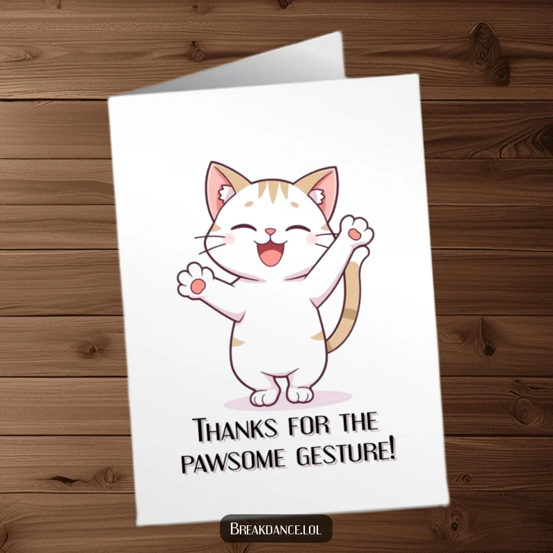 Funny Free Printable Thank You Card: Happy cat doing a freeze pose on one paw, tail high, a hilarious downloadable thank you.