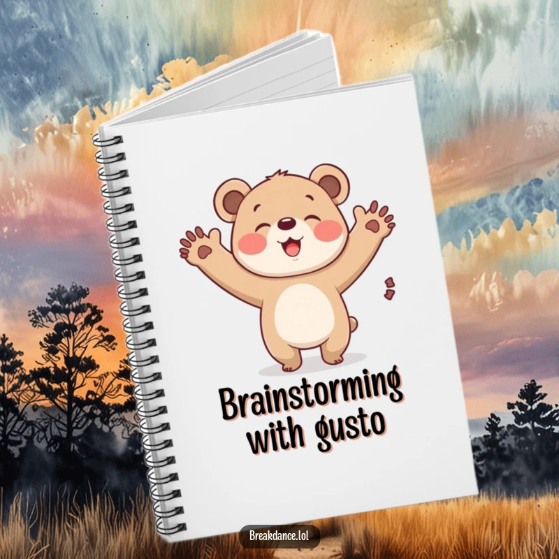 Funny bear cub windmill notebook, the cover features a giggling cartoon bear cub spinning its arms enthusiastically.