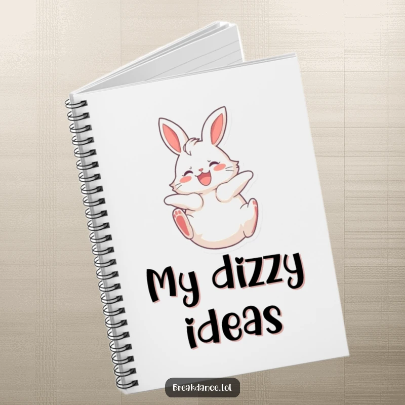 Funny notebook featuring a fluffy bunny spinning on its back with legs kicking joyfully, perfect for capturing happy thoughts.