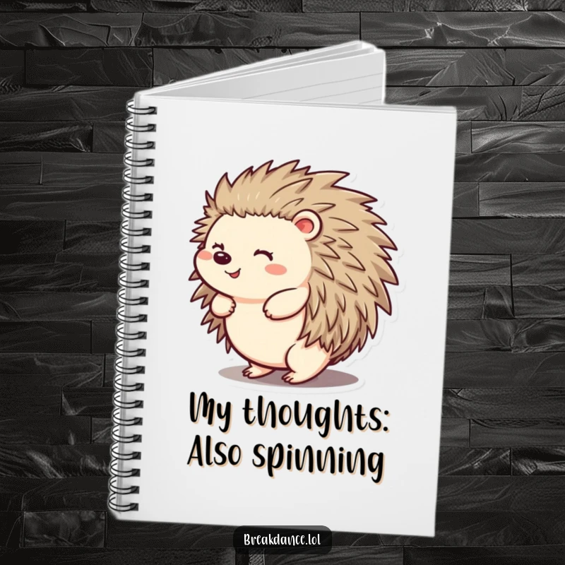 Funny notebook with a cheerful hedgehog spinning joyfully on its back, designed for jotting down funny notes and brilliant ideas.