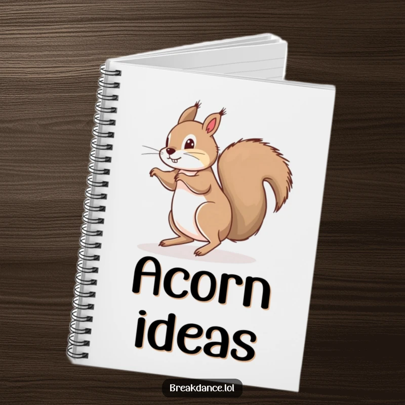 Funny notebook adorned with a playful squirrel doing a floor spin on its bushy tail, perfect for notes, sketches, and nutty ideas.