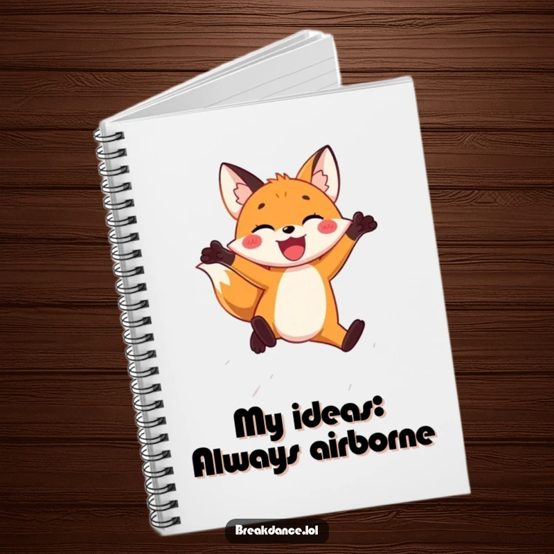 Funny notebook with a joyful fox leaping through the air, designed for jotting down hilarious notes and brilliant ideas with energetic flair.