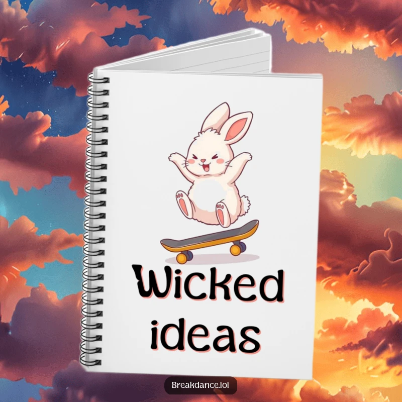Funny notebook featuring a fluffy bunny rabbit doing a backflip on a tiny skateboard, ideal for notes, sketches, and radical ideas.
