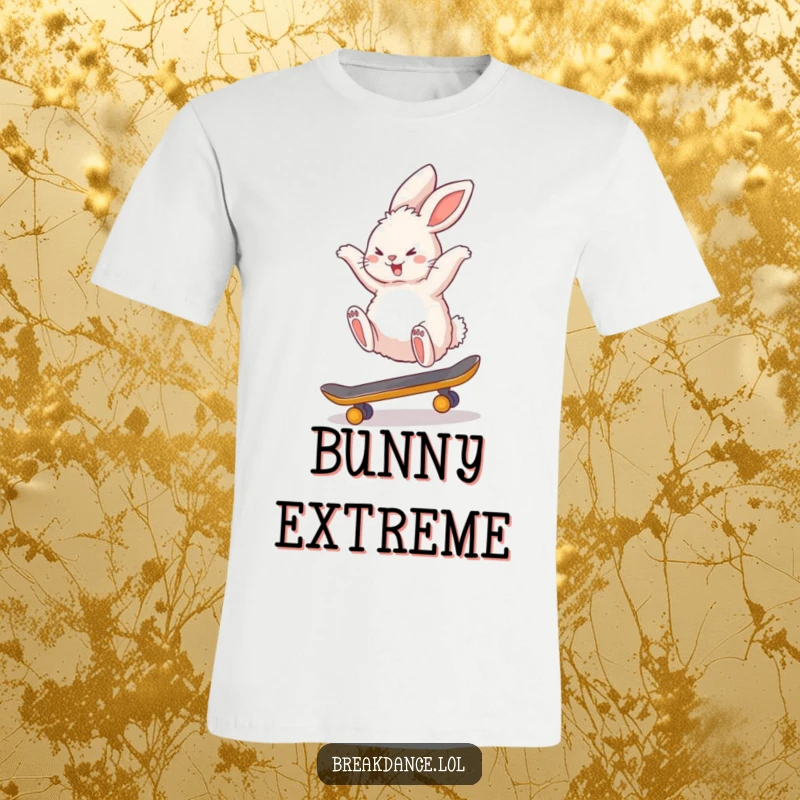Funny t-shirt featuring a fluffy bunny rabbit executing a daring backflip on a miniature skateboard, capturing peak action.