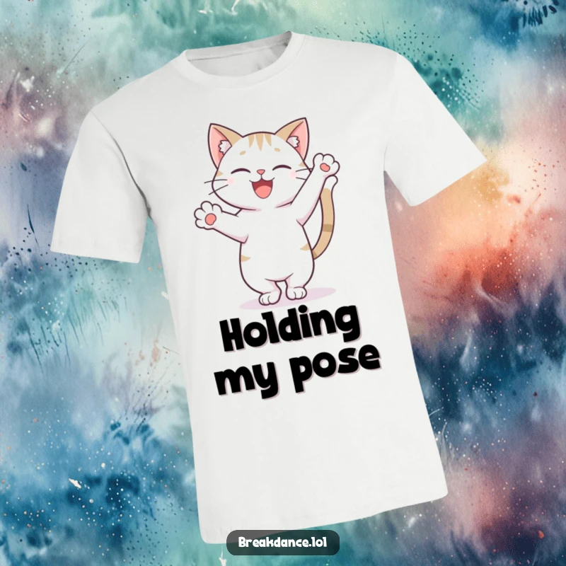 Funny t-shirt design of a happy cat striking a cool freeze pose on one paw with tail held high, exuding confidence.