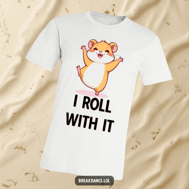 Funny t-shirt with a smiling hamster doing a dynamic cartwheel. Ideal for fitness enthusiasts and pet owners who enjoy humor.
