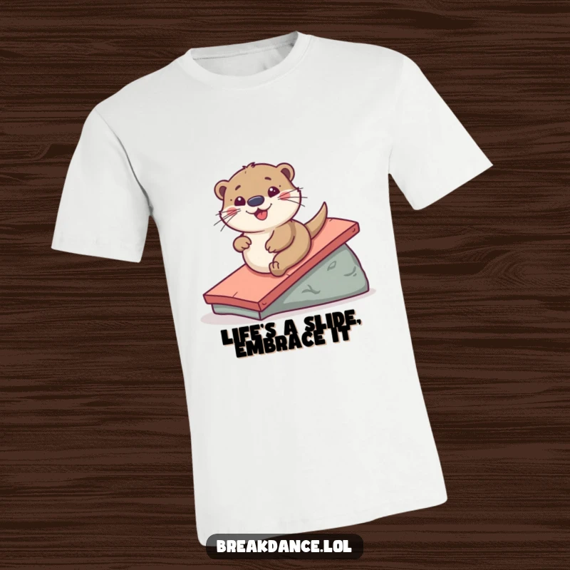 Funny t-shirt depicting a playful otter in mid-slide down a ramp, capturing a moment of pure, unadulterated aquatic fun.