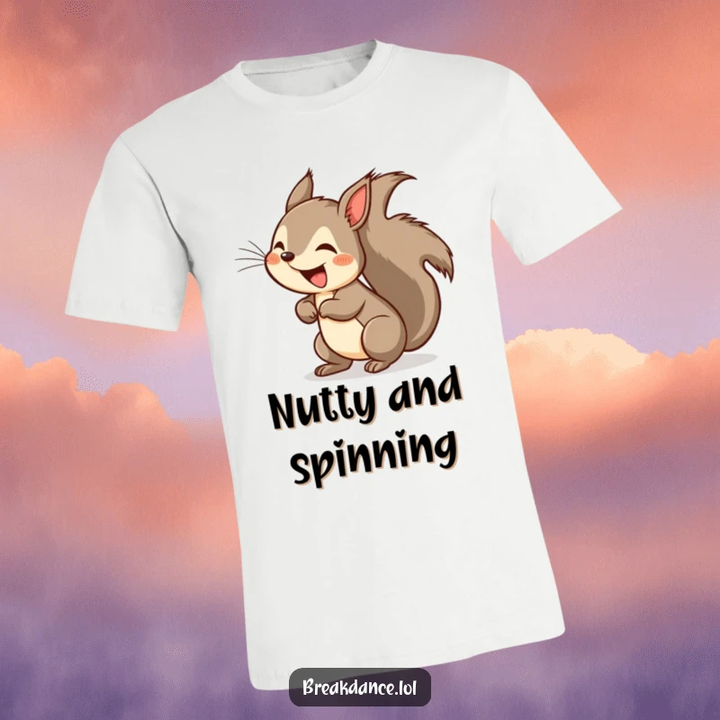 Funny squirrel headspin t-shirt, a cartoon squirrel doing a fast headspin, tail a blur, full of playful energy.