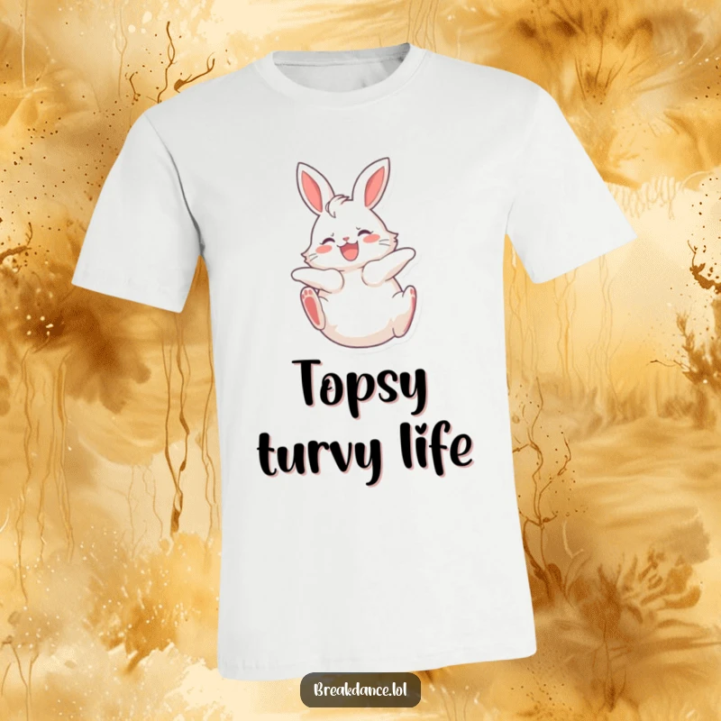 Funny t-shirt design of a fluffy bunny spinning on its back with legs kicking joyfully, exuding pure delight.