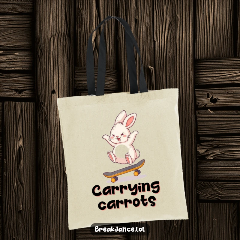 Funny tote bag with a fluffy bunny rabbit doing a backflip on a tiny skateboard, perfect for carrying groceries and good vibes.