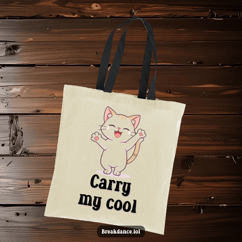 Funny tote bag featuring a happy cat in a freeze pose on one paw with tail high, perfect for carrying essentials with flair.