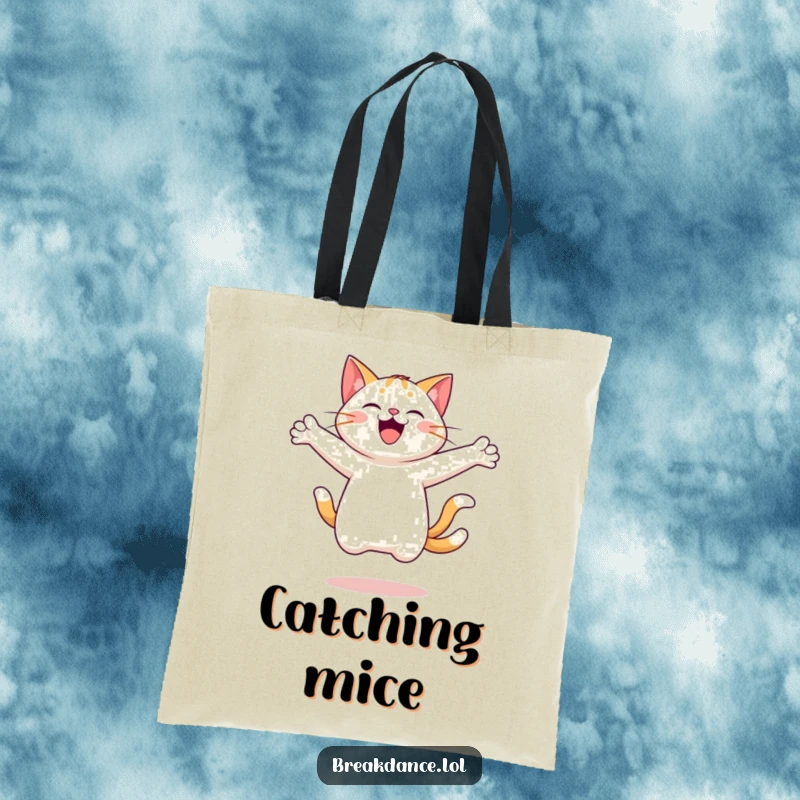 Funny tote bag with a cheerful cat leaping and spinning with arms outstretched, designed for carrying essentials and spreading smiles.