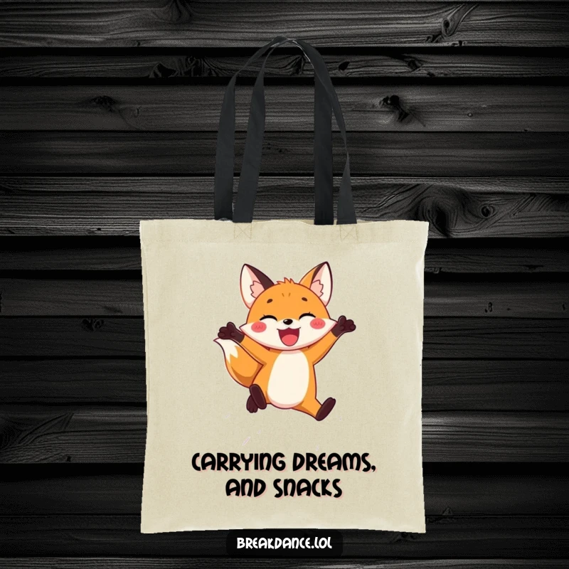 Funny tote bag with a joyful fox leaping through the air, adding a splash of hilarious energy and playful freedom.