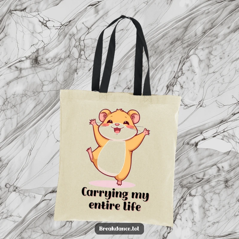 Funny tote bag featuring a joyful hamster executing a cartwheel. Ideal for eco-conscious shoppers who love unique and humorous accessories.