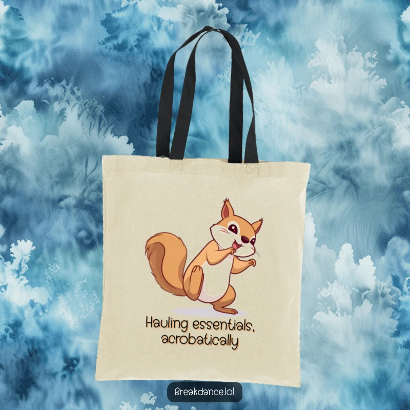 Funny tote bag with a determined squirrel performing a cartwheel, adding a splash of hilarious energy and acrobatic flair.