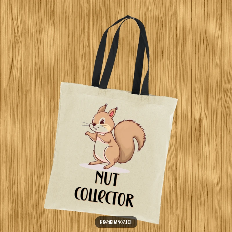 Funny tote bag with a playful squirrel doing a floor spin on its bushy tail, designed for carrying essentials and spreading smiles.