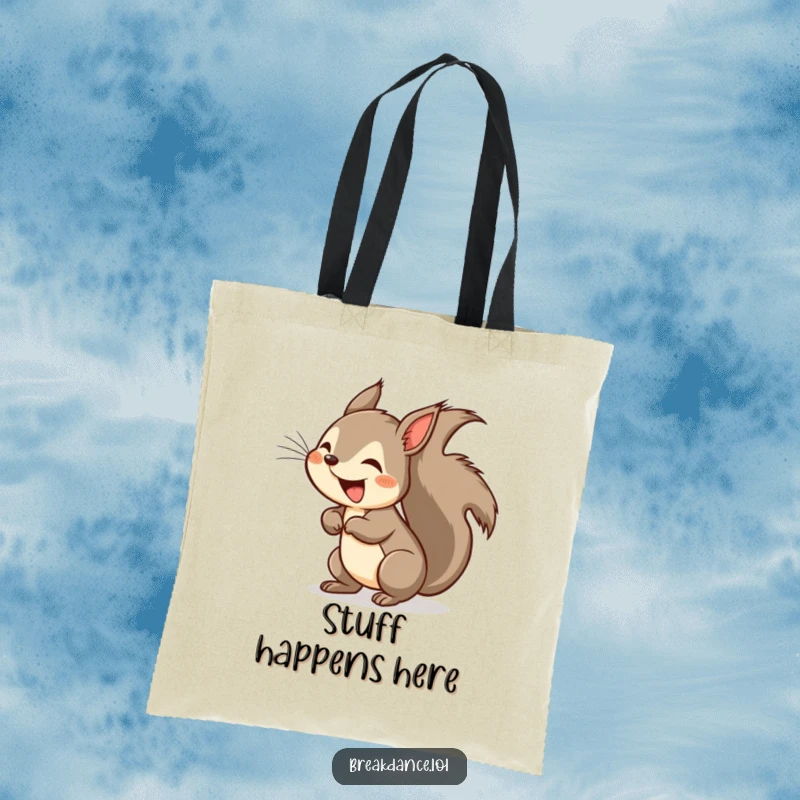 Funny squirrel headspin tote bag, a cartoon squirrel in a blur of motion doing a headspin, tail swishing.